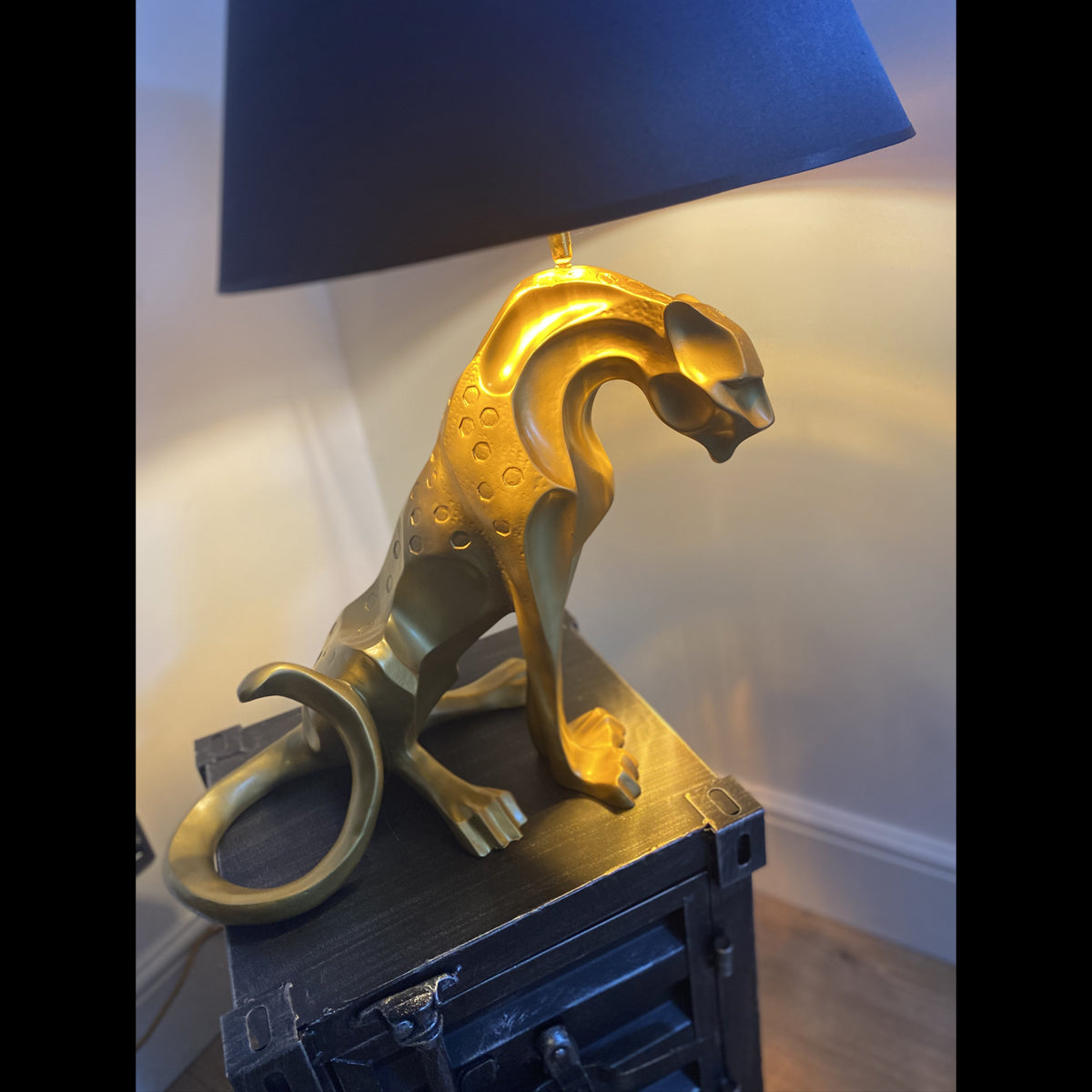 CGC BAGHEERA Gold Leopard Table Lamp With Black Shade