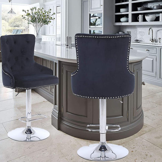 CGC Exclusive Collection - Black Brushed Velvet & Chrome Stand Luxury Adjustable Bar Stool