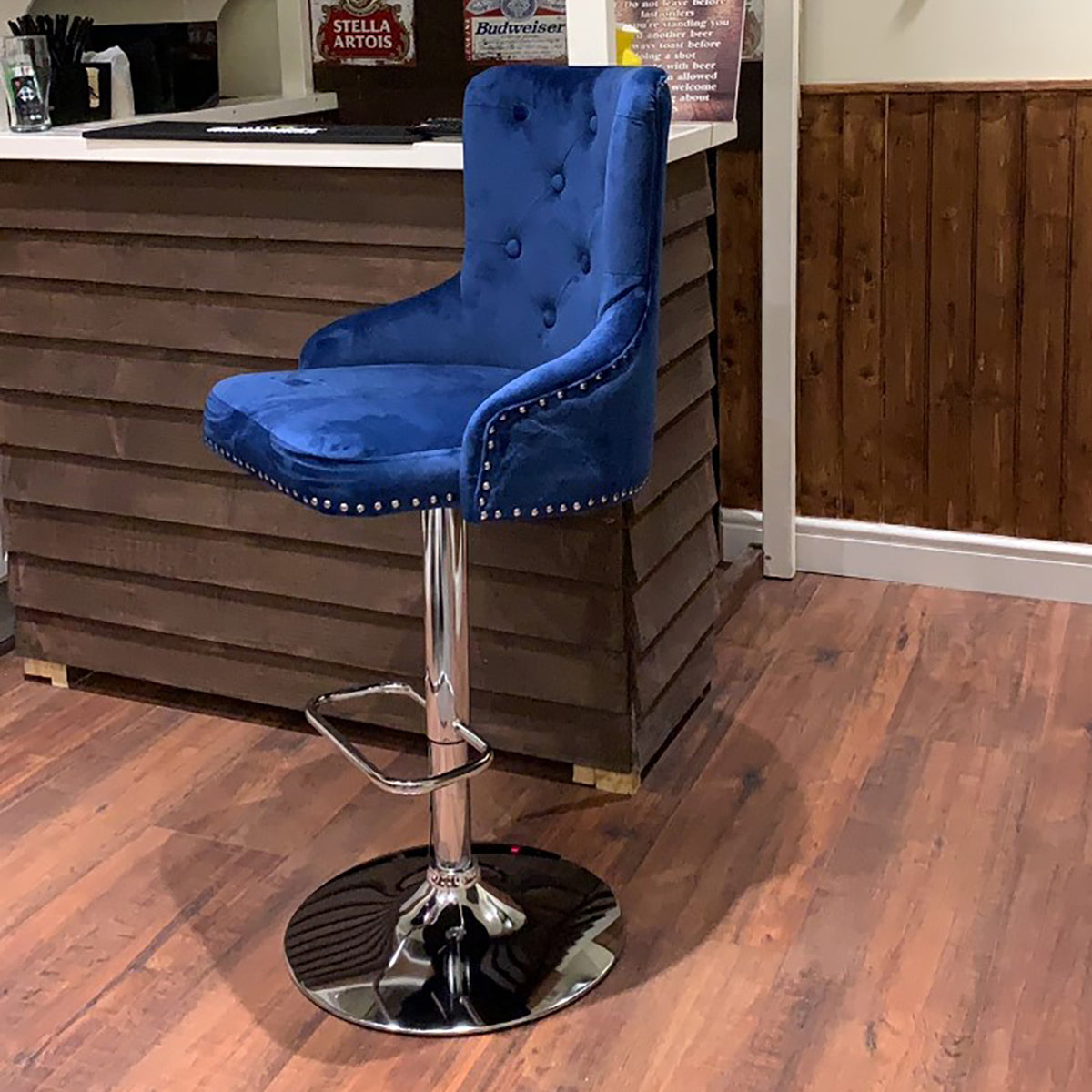 CGC Exclusive Collection - Blue Brushed Velvet & Chrome Stand Luxury Adjustable Bar Stool