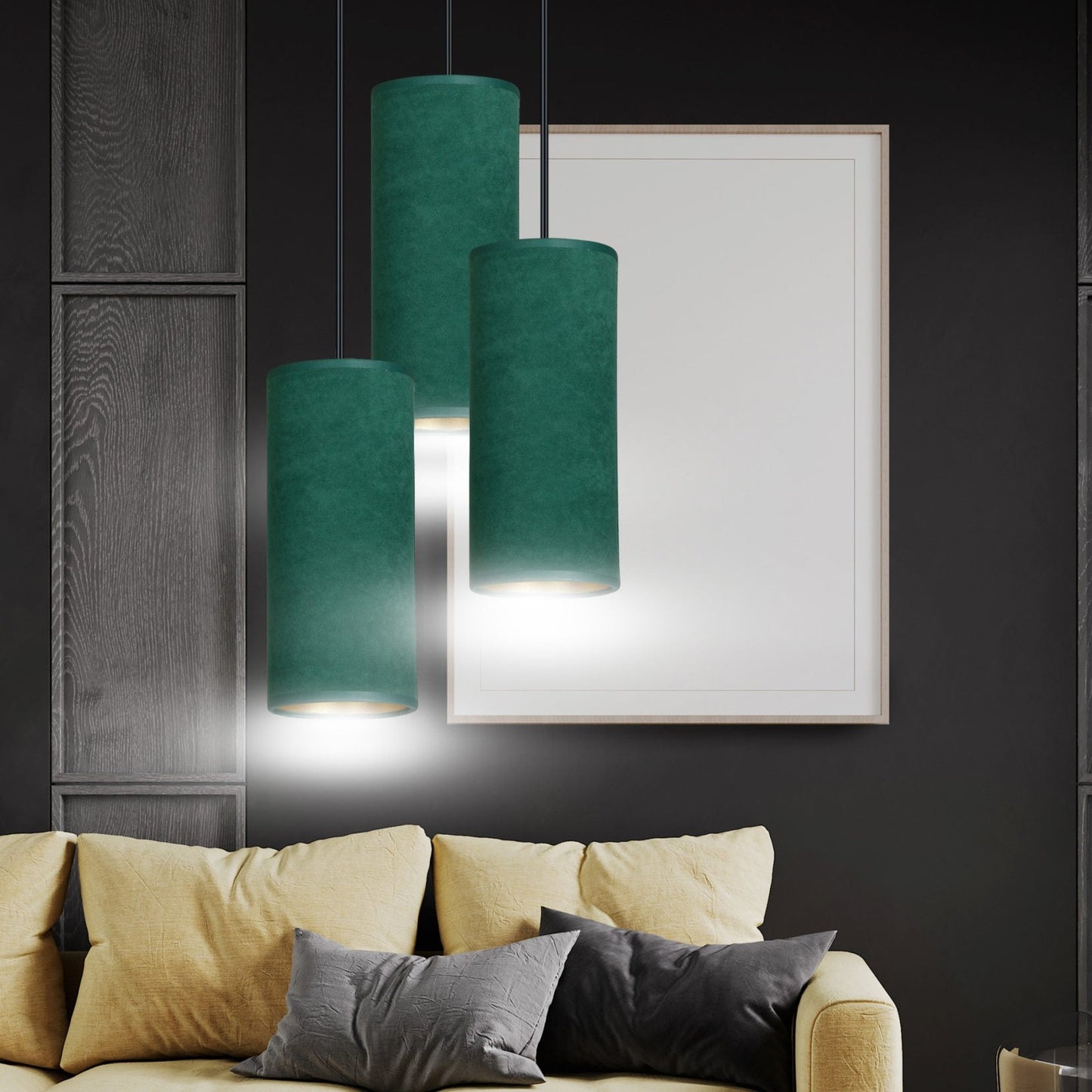 Our Bente is modern and contemporary in its design which is inspired by the industrial trend with a touch of opulence. The shades are made from a luxury green fabric with a golden inner creating a stand out feature for any living, dining or bedroom.