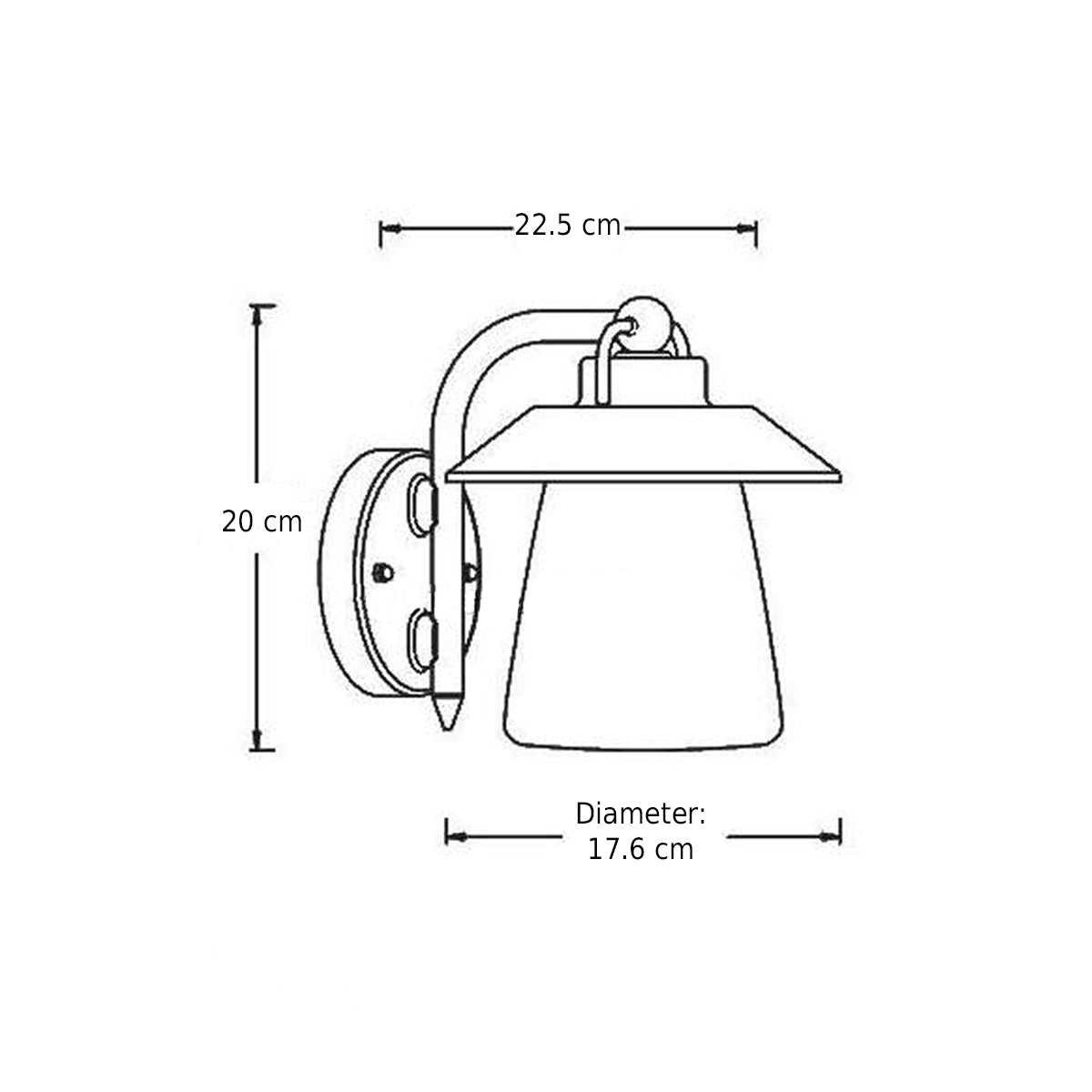 Black matt with washed bronze finish Applicable to walls Vintage styled light with metal framing and weathered looks. E27 bulb (not included), 60W max IP44 Rated for outdoor use, 220-240V mains power, ambient temperature -20 to +30, class 1 Height: 20 cm Width: 22.5 cm Shade Diameter: 17.6 cm