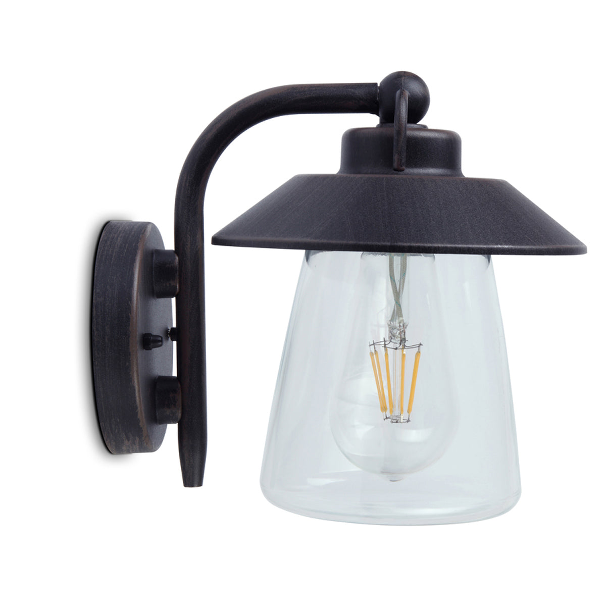 Black matt with washed bronze finish Applicable to walls Vintage styled light with metal framing and weathered looks. E27 bulb (not included), 60W max IP44 Rated for outdoor use, 220-240V mains power, ambient temperature -20 to +30, class 1 Height: 20 cm Width: 22.5 cm Shade Diameter: 17.6 cm