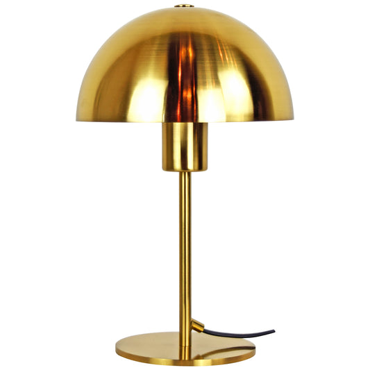 Our Kelly table lamp is a strong visual addition to your space with its distinctive dome-shaped shade and metal frame. Thanks to its brushed gold brass metal finish, it will suit both modern and Mid-Century inspired settings. Light reflects off the shade to enhance a warm and inviting glow.