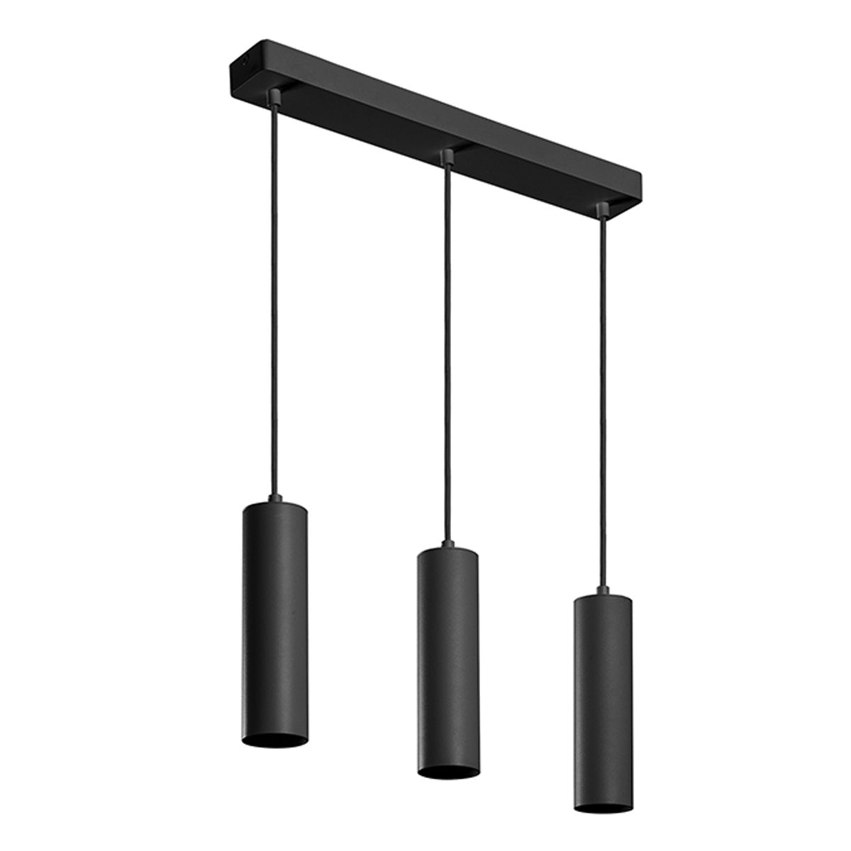 High-quality black ceiling triple hanging spotlight pendant. A cylinder pendant with a modern and sleek design would add a huge element of style and class to any room. Made of aluminium with a powder coat finish. Height can be adjusted during installation.
