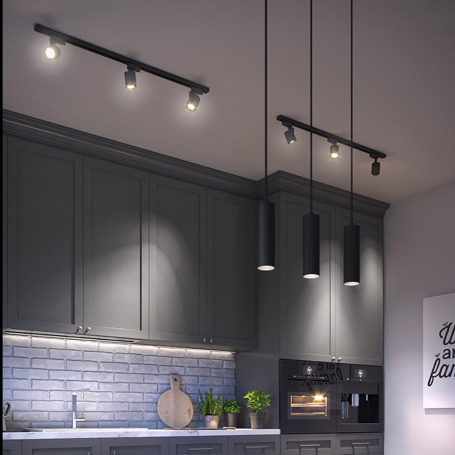 High-quality black ceiling triple hanging spotlight pendant. A cylinder pendant with a modern and sleek design would add a huge element of style and class to any room. Made of aluminium with a powder coat finish. Height can be adjusted during installation.