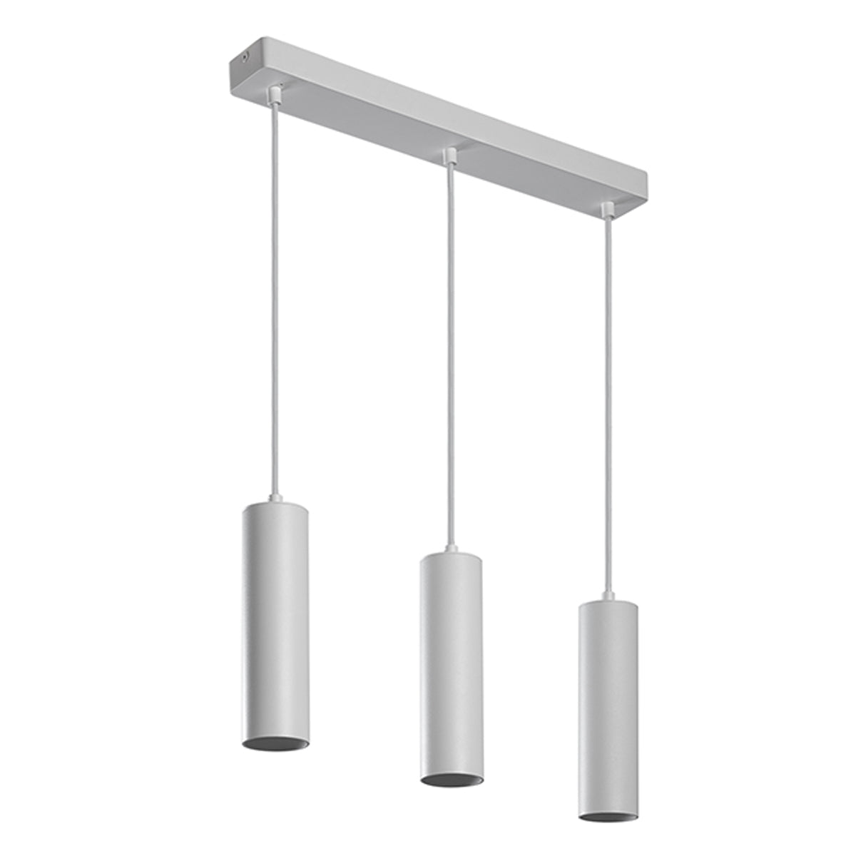 High-quality white ceiling triple hanging spotlight pendant. A cylinder pendant with a modern and sleek design would add a huge element of style and class to any room. Made of aluminium with a powder coat finish. Height can be adjusted during installation.