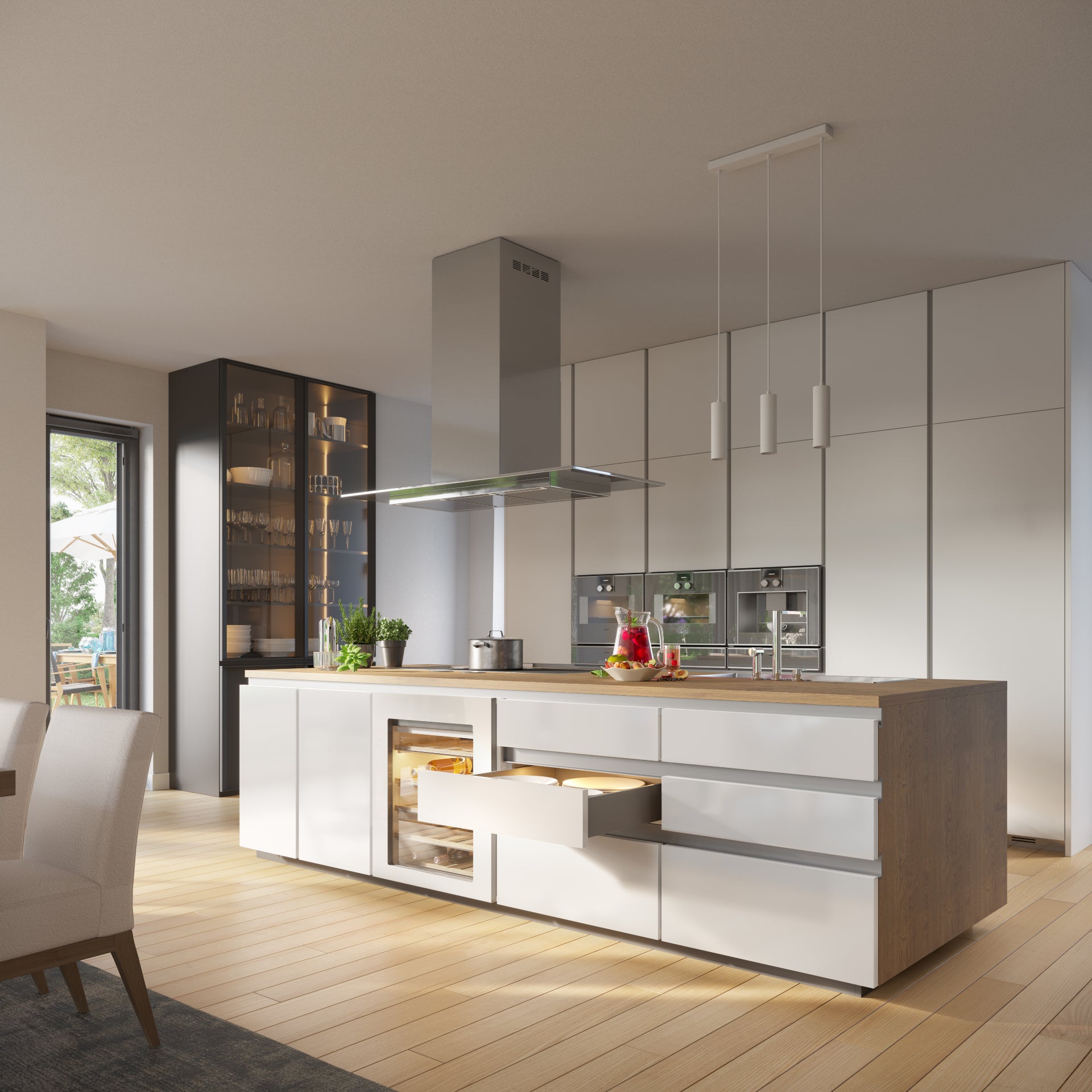 High-quality white ceiling triple hanging spotlight pendant. A cylinder pendant with a modern and sleek design would add a huge element of style and class to any room. Made of aluminium with a powder coat finish. Height can be adjusted during installation.