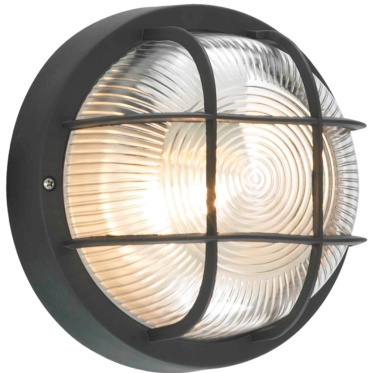 Ronnie cage round bulkhead is an optimal choice for illuminating doorways, patios, porches, driveways, garages, and sheds. Crafted of durable plastic with a glass prismatic diffuser, it offers a timeless aesthetic with reliable performance.