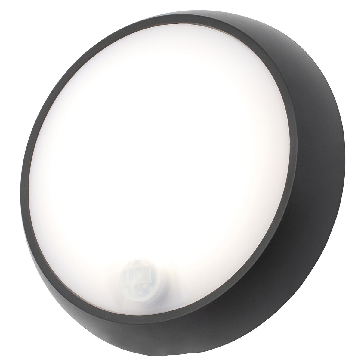 Zara black and white round wall light with motion sensor is an modern simple fitting with a black polycarbonate body and opal diffuser. This stylish wall light is perfect for adding a pinch of modern flavour to doorways, sheds, patios, porch, driveways, garages, sheds, and more. This fitting is IP54 rated which makes it fully weatherproof light fitting.