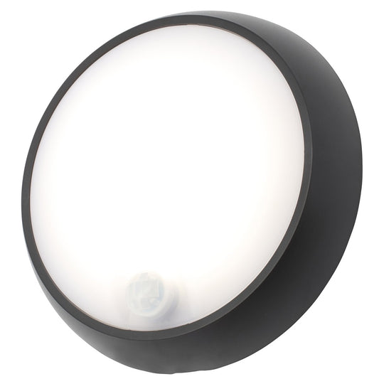 Zara black and white round wall light with motion sensor is an modern simple fitting with a black polycarbonate body and opal diffuser. This stylish wall light is perfect for adding a pinch of modern flavour to doorways, sheds, patios, porch, driveways, garages, sheds, and more. This fitting is IP65 rated which makes it fully weatherproof light fitting.
