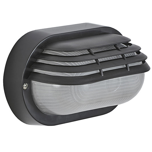 Add an industrial look to your outdoor lighting arrangements with the Bonnie Oval Outdoor Bulkhead Eyelid Wall light. This light features a durable black finish and a slatted eyelid type design that gives a robust feel to the light that looks incredibly stylish. Ideal for coastal areas, this light is also corrosion resistant and protected against most outdoor weather conditions.
