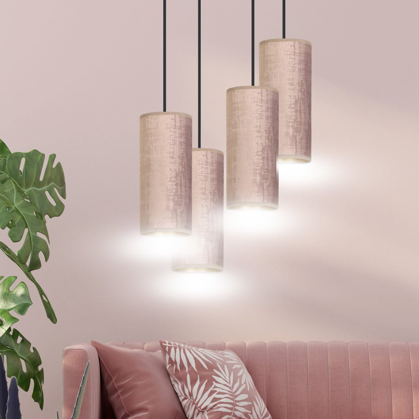 Our Bente is modern and contemporary in its design which is inspired by the industrial trend with a touch of opulence. The shades are made from a luxury pink rose fabric with a golden inner creating a stand out feature for any living, dining or bedroom.
