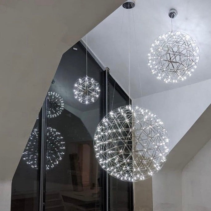 Our striking silver starburst light is inspired by elements of the night sky, comprising of delicately crafted steel and covered in LED lights  The light will create a talking point in any space and can be placed together with the other size starburst lights to create something truly spectacular 