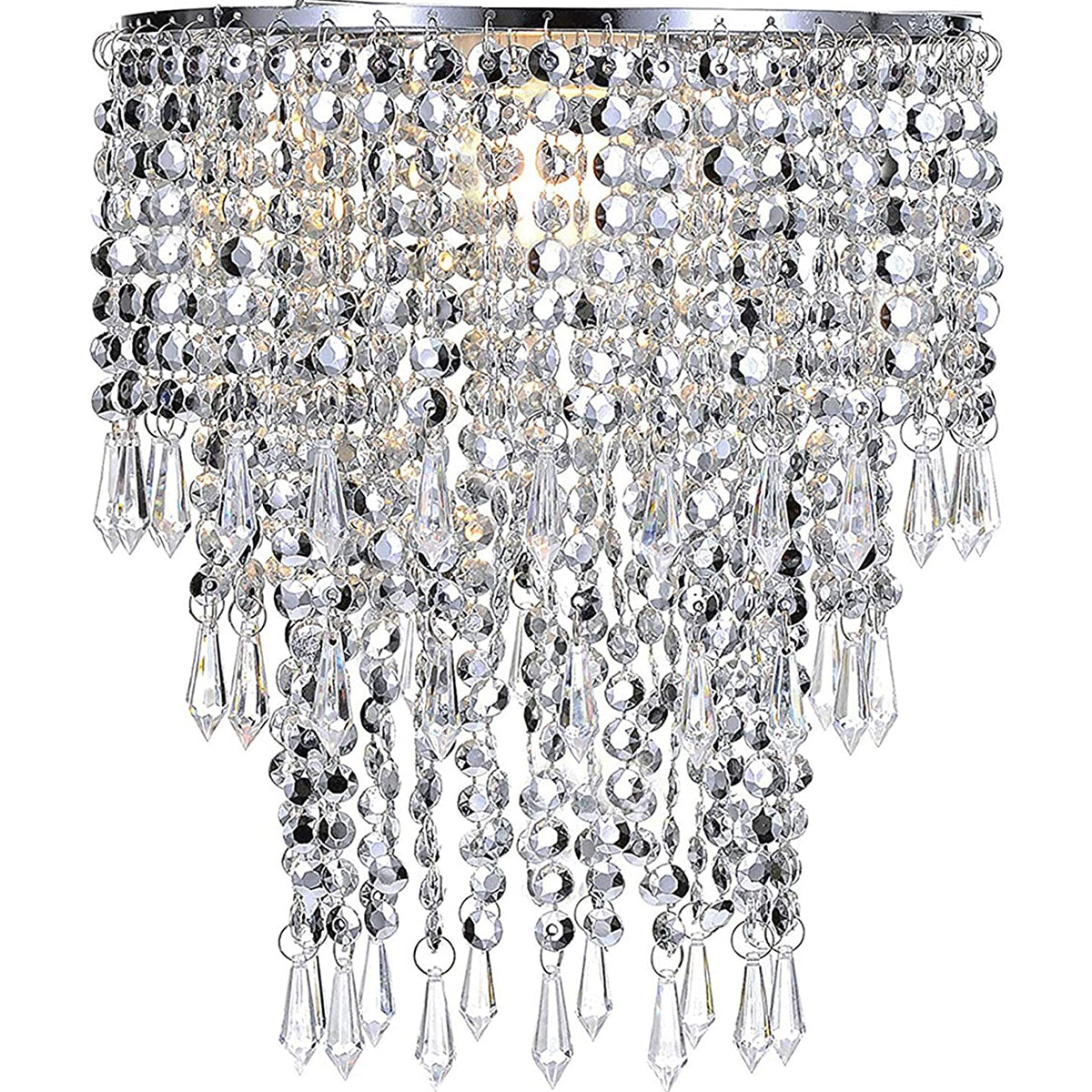 Our Liza easy fit ceiling pendant shade features polished chrome circular rings with varying lengths of acrylic crystal strands.  This beautiful easy fit pendant shade will add glamour to any space whilst instantly updating your room without the need of an electrician. 
