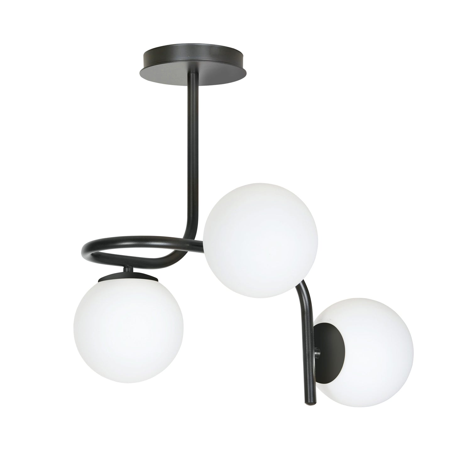 Kalf 3 is modern and contemporary in its design which is inspired by the industrial trend. The black powder coated arms are complimented by three round frosted glass globe shades creating a stand out feature for any living, dining or bedroom.
