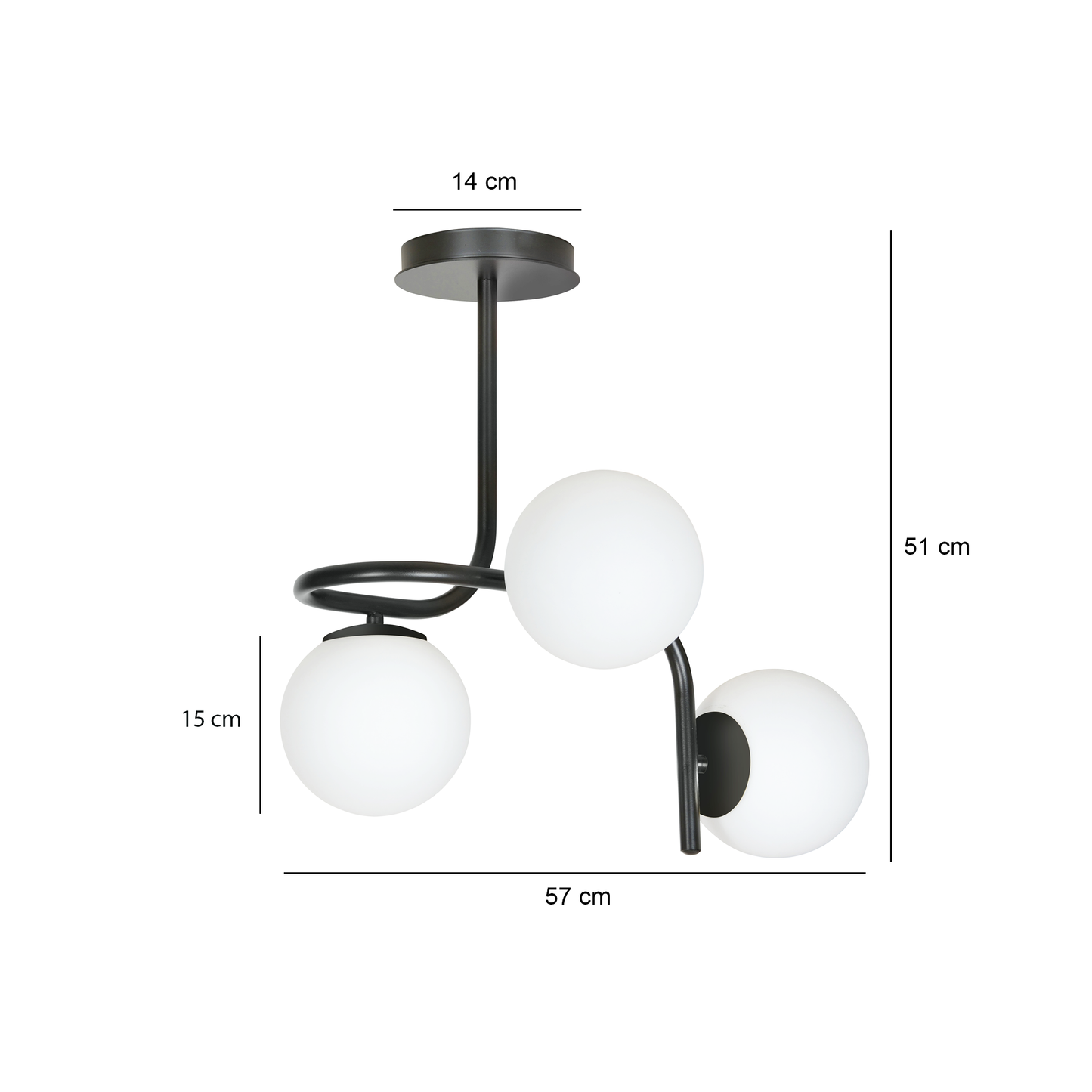 Kalf 3 is modern and contemporary in its design which is inspired by the industrial trend. The black powder coated arms are complimented by three round frosted glass globe shades creating a stand out feature for any living, dining or bedroom.