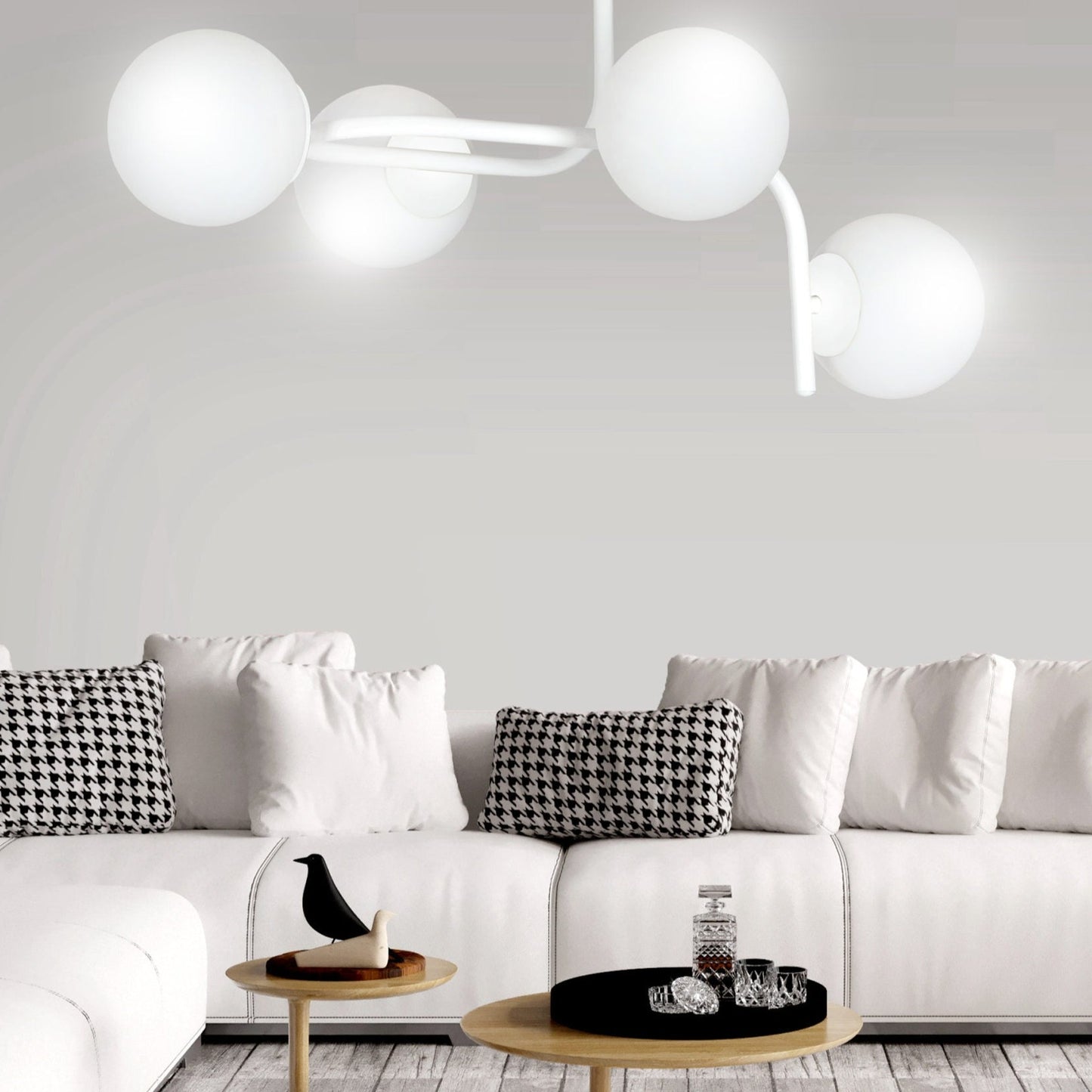 Kalf 4 is modern and contemporary in its design which is inspired by the industrial trend. The white powder coated arms are complimented by four round frosted glass globe shades creating a stand out feature for any living, dining or bedroom.