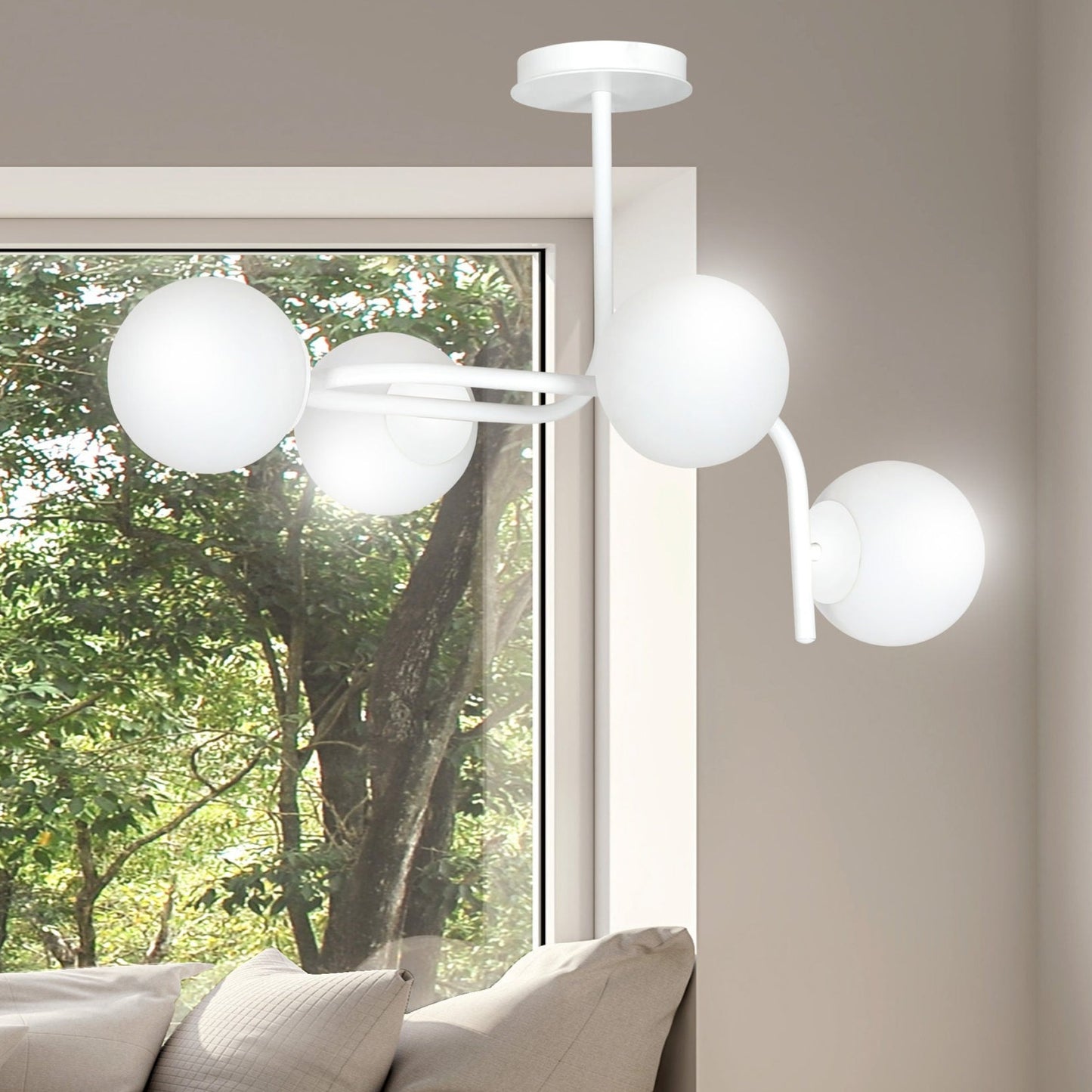 Kalf 4 is modern and contemporary in its design which is inspired by the industrial trend. The white powder coated arms are complimented by four round frosted glass globe shades creating a stand out feature for any living, dining or bedroom.