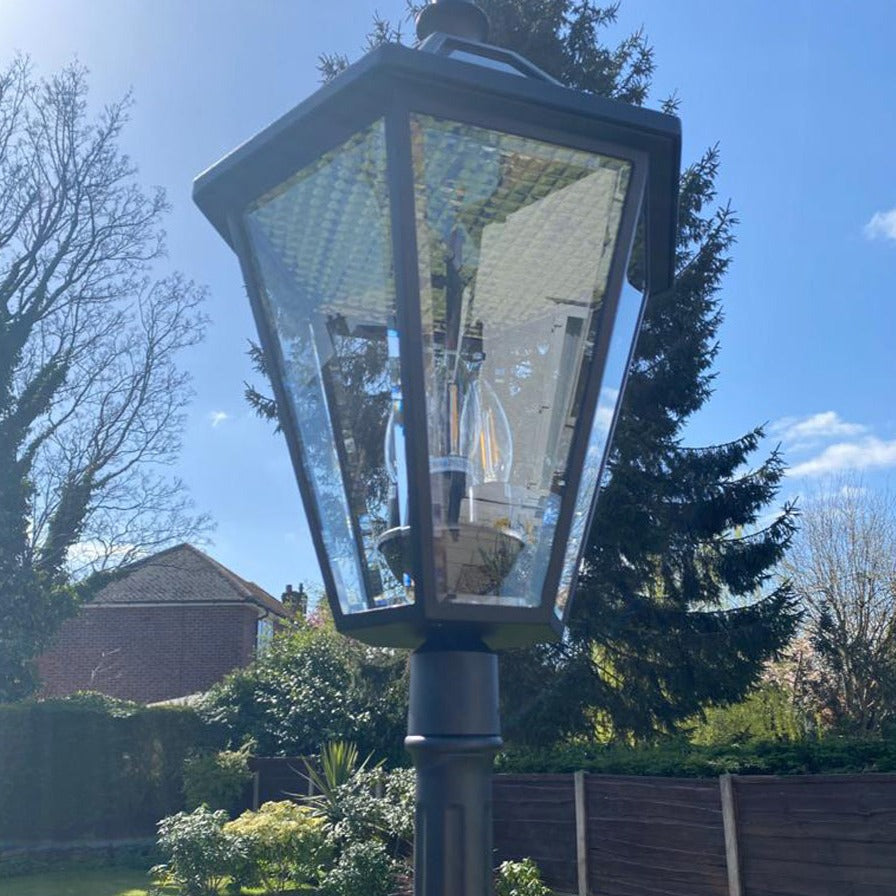 Our London 2.3 metre post combines traditional-design with modern durability for a garden light that won't let you down. Made with high quality robust die cast aluminium in a black finish, with clear glass panes, it will add a beautiful look to your outside spaces. Use it to illuminate front or back gardens, for warm and ambient lighting that welcomes you home, whatever the weather