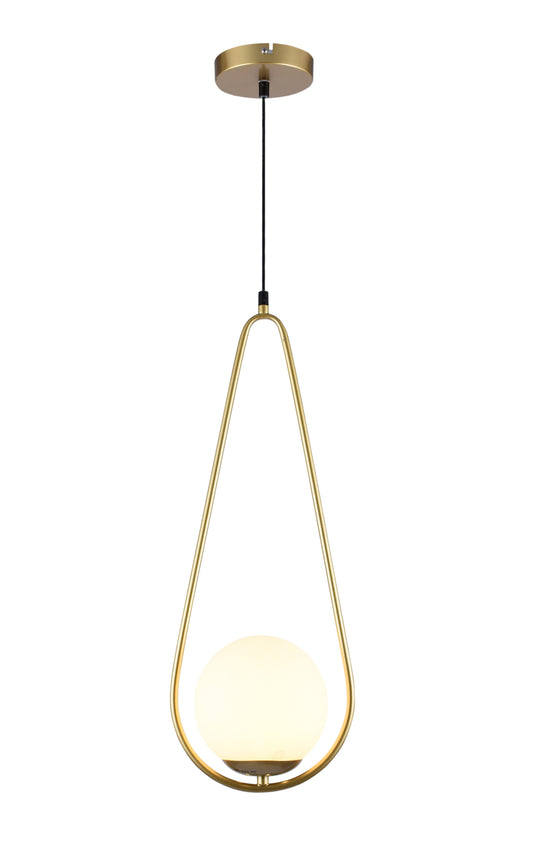 The Lopez ceiling pendant light is a contemporary addition to your home decor. This adjustable brushed gold brass ceiling pendant light with pearl white glass globe ball is perfect to add style and elegance to any room.