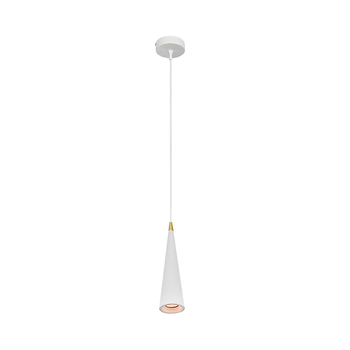 Our Evi pendant light is a stylish addition suitable for every room, its white metal cone shape with contrasting gold and braided matching white cable creates a beautiful feature on any ceiling. The pendant looks great over kitchen islands or hung as a multiple especially in industrial and modern interiors.