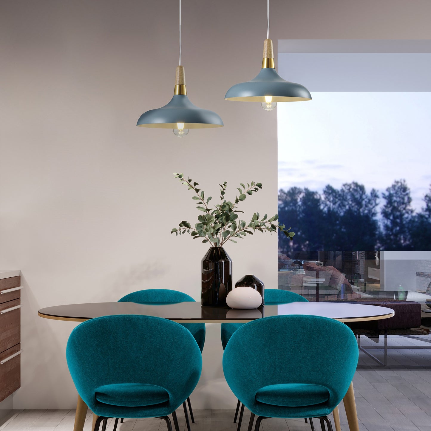 Two of the Esther Pendants  placed over a table. The Esther pendant is a stylish modern metal ceiling light finished in Marine blue with a white inner.  Complete with a gold and wooden cap detail attached to a white adjustable cable and m