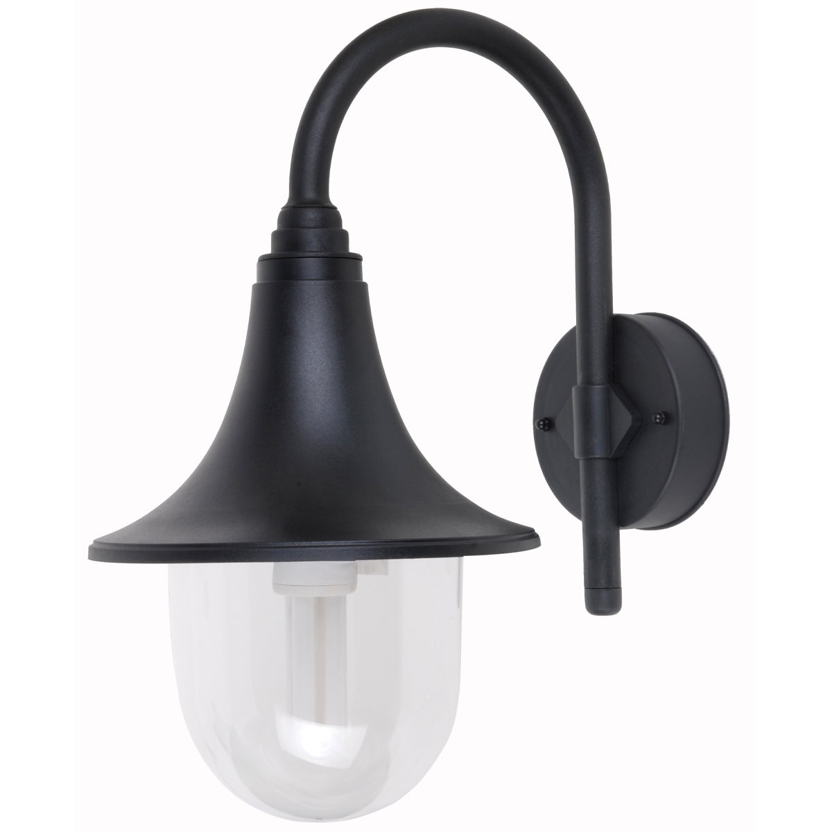 The Dinah black traditional hooked outdoor wall lantern light is constructed of polycarbonate and features an attractive design inspired by traditional lighting styles. This lantern wall light is a great choice for illuminating doorways and porches, creating a warm and inviting look and a safe environment. With an IP44 safety rating, the Dinah garden wall light is suitable for mounting on outdoor walls. Use with LED bulbs enjoy outdoor to enjoy your lighting without raising your energy bills. 