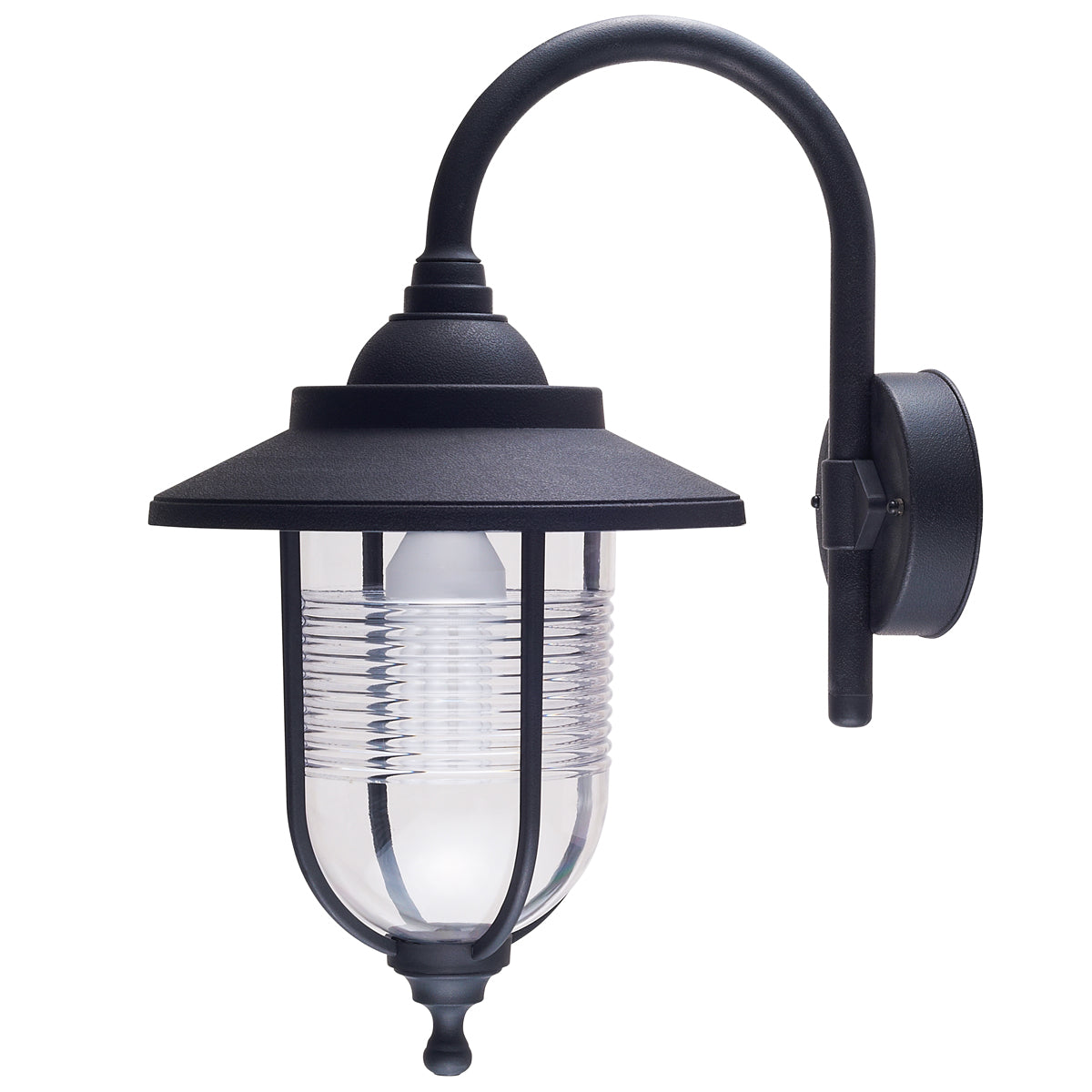 The Jemima black fisherman hooked outdoor wall lantern light is constructed of polycarbonate and features an attractive design inspired by traditional lighting styles. This lantern wall light is a great choice for illuminating doorways and porches, creating a warm and inviting look and a safe environment. With an IP44 safety rating, the Jemima garden wall light is suitable for mounting on outdoor walls.