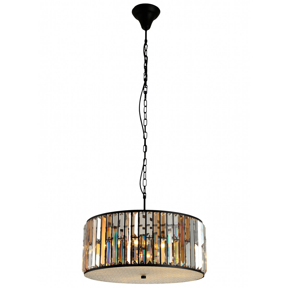 Looking for something that little more extravagant that will give your room the touch of luxury that it really deserves. Our Amber Crystal ceiling pendant light does just that with its bronze, brown and silver glass crystals in a round design and complemented with a black metal adjustable chain creating something truly spectacular.