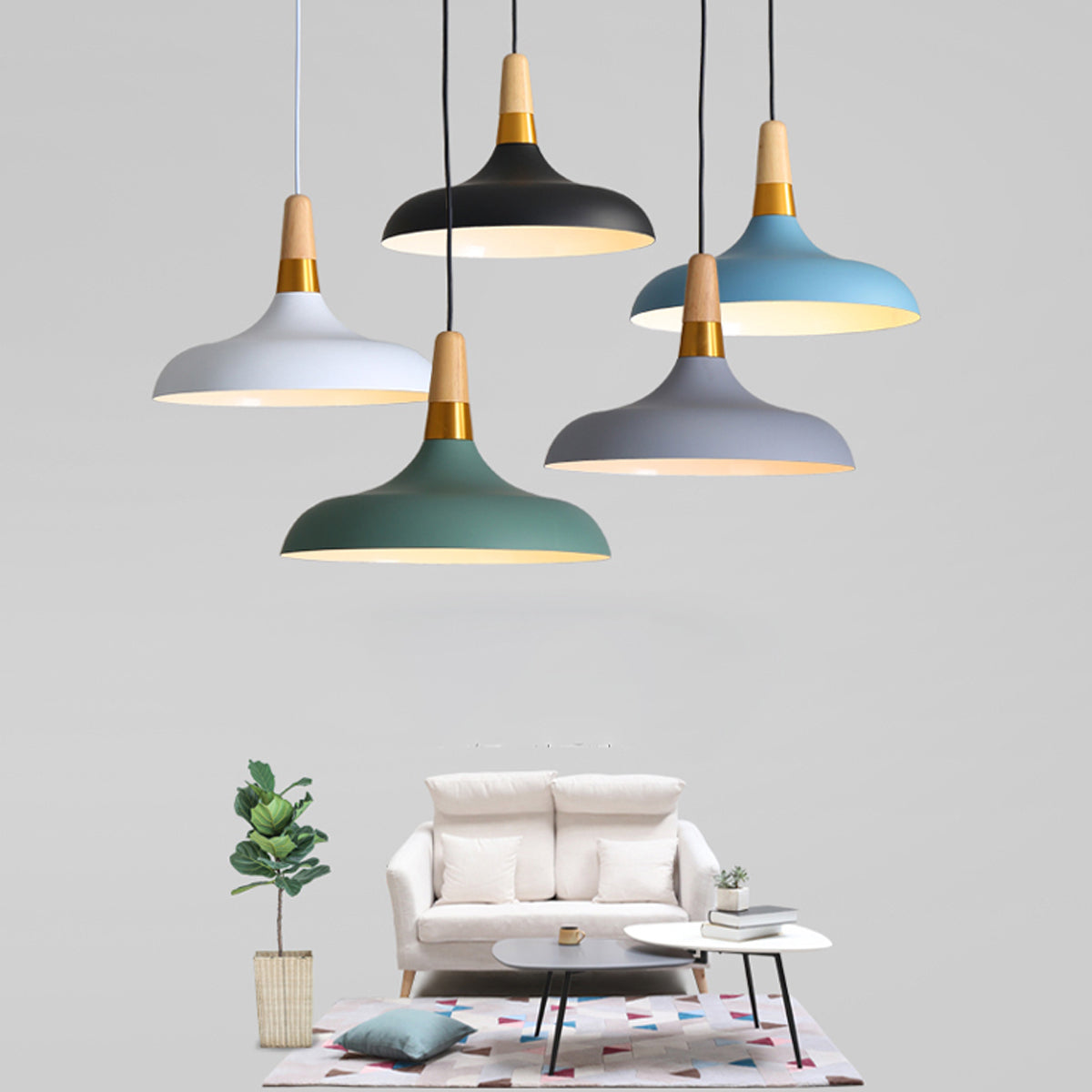 Comes in a choice of 4  colours. The Esther Pendant is a stylish modern metal ceiling light finished in Marine blue with a white inner.  Complete with a gold and wooden cap detail attached to a white adjustable cable and matching matt ceiling rose