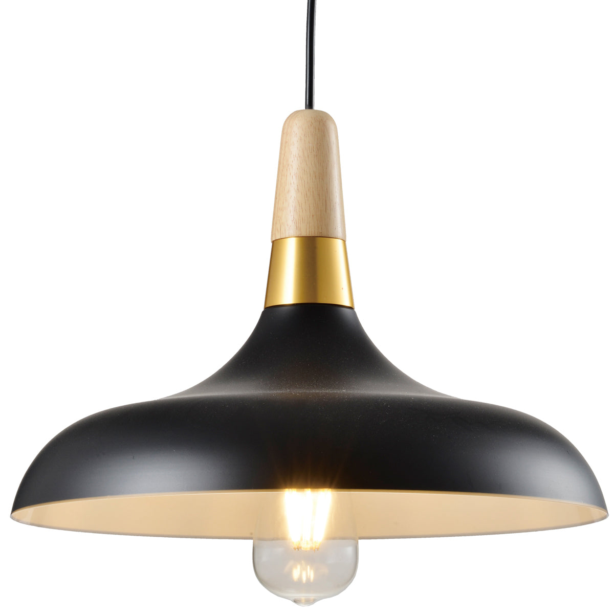 The Esther Pendant is a stylish modern metal ceiling light finished in matt black with a white inner.  Complete with a gold and wooden cap detail attached to a black adjustable cable and matching matt black ceiling rose.
