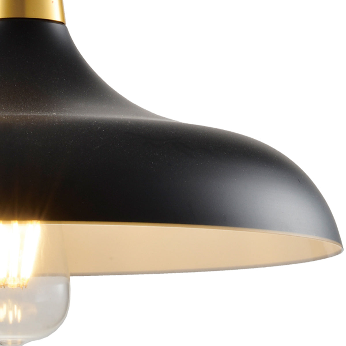 Close up of the shade. The Esther Pendant is a stylish modern metal ceiling light finished in matt black with a white inner.  Complete with a gold and wooden cap detail attached to a black adjustable cable and matching matt black ceiling rose.
