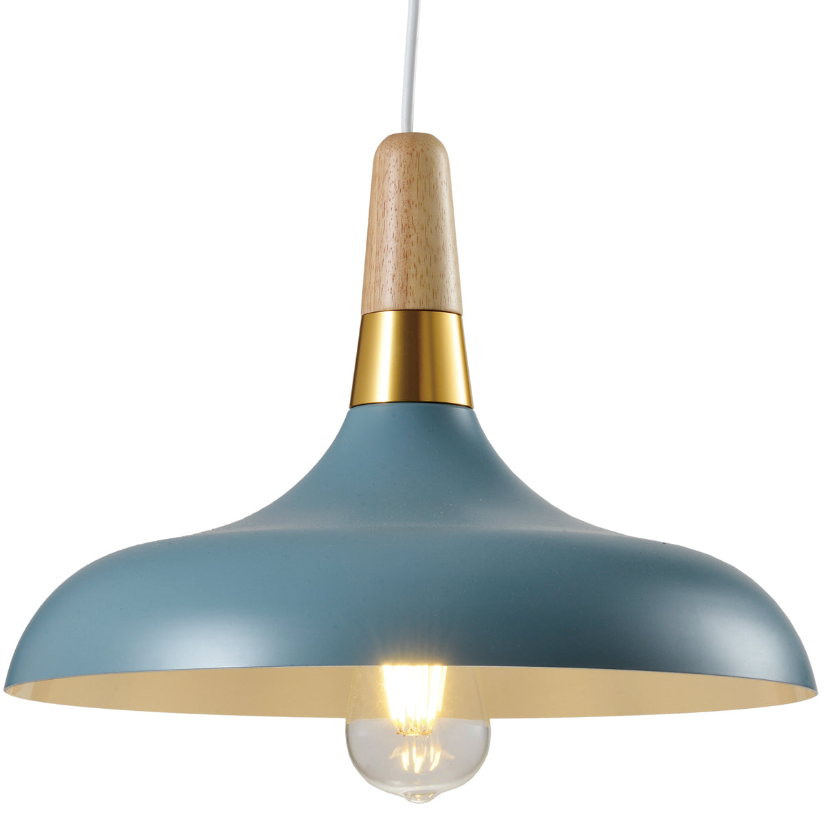 The Esther Pendant is a stylish modern metal ceiling light finished in Marine blue with a white inner.  Complete with a gold and wooden cap detail attached to a white adjustable cable and m