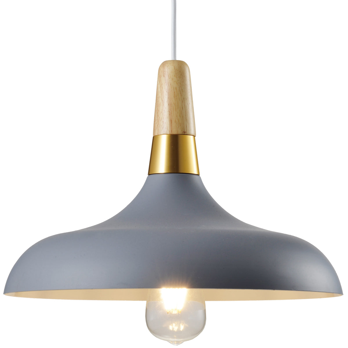 The Esther Pendant is a stylish modern metal ceiling light finished in matt grey with a white inner.  Complete with a gold and wooden cap detail attached to a white adjustable cable and matching matt ceiling rose.