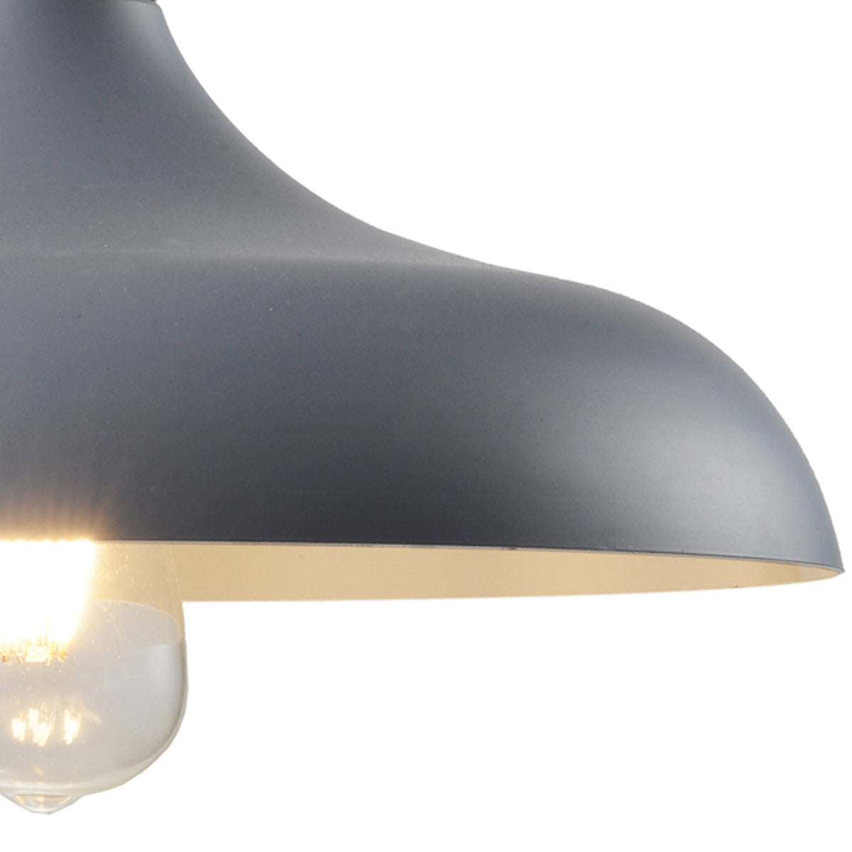 Close up of the shade in grey. The Esther Pendant is a stylish modern metal ceiling light finished in matt grey with a white inner.  Complete with a gold and wooden cap detail attached to a white adjustable cable and matching matt ceiling rose.