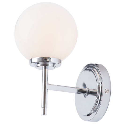 Our Marley globe armed wall light is a stylish light fitting ideal for the modern home and can be used in the bathroom. It features a chrome round ceiling plate and a globe opal glass shade mounted on a chrome arm.
