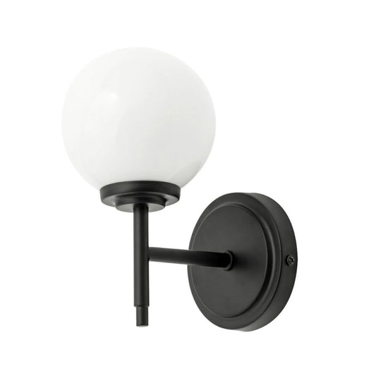Our Marley globe armed wall light is a stylish light fitting ideal for the modern home and can be used in the bathroom. It features a matt black effect round ceiling plate and a globe opal glass shade mounted on a black arm.