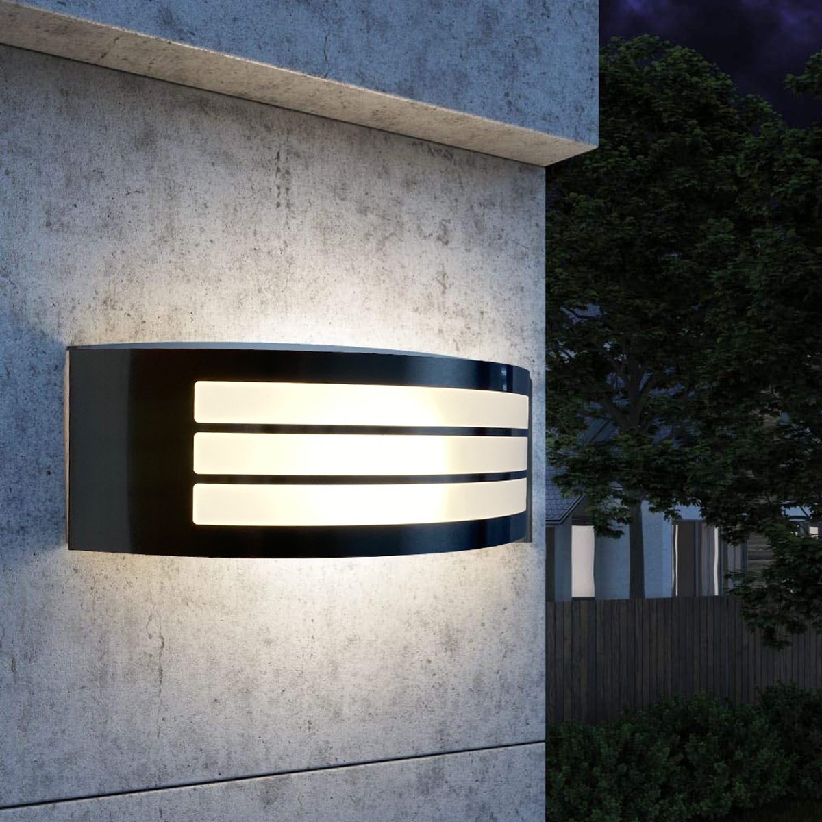 This stylish Striker outdoor light boasts a polycarbonate shade, crafted from stainless steel and adorned with a series of narrow stripes. Its surface disperses the lamp's light uniformly, creating a tranquil, inviting ambiance both indoors and out.