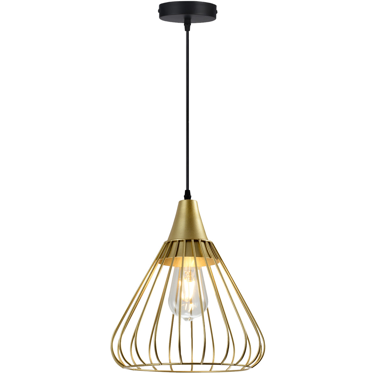 This classic light fitting a with large gold metal shade will perfectly fit into most home arrangements. The bulb hidden in a metal lampshade gives a very interesting visual effect when the light is turned on and the wires can be adjusted to your desired height.