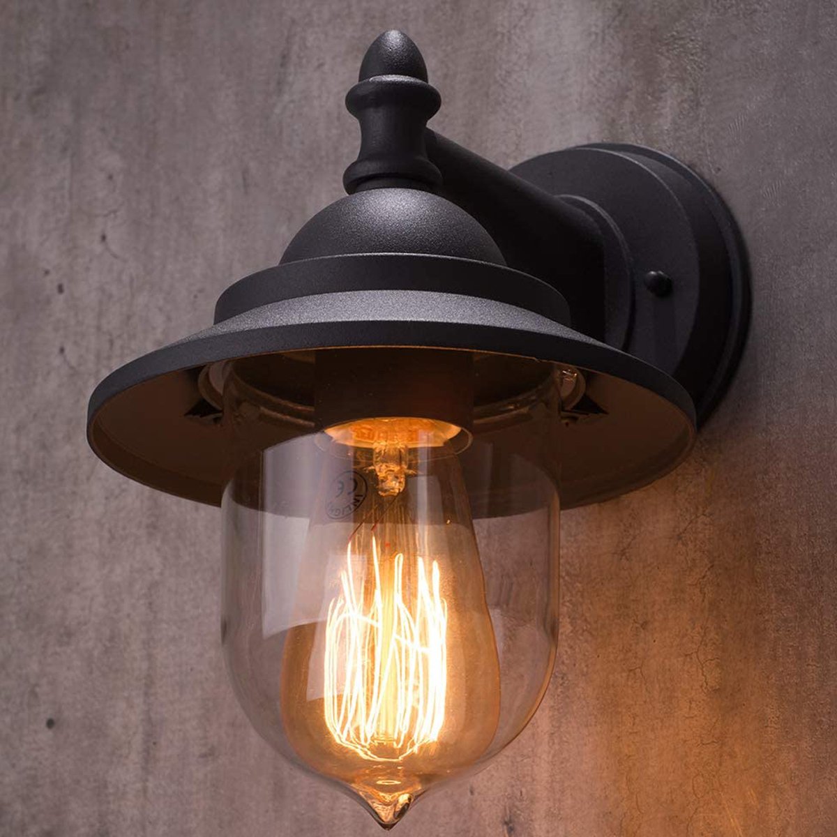 high-quality picture of matt black fisherman lantern wall light with lights turned on