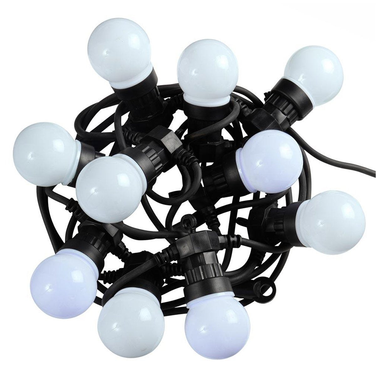  Each string features 20 shatterproof bulbs evenly spaced across 14.6 m of thick black weatherproof cable. With simple connectors on the ends of each string, it's easy to connect them together to create the perfect length for your desired space.