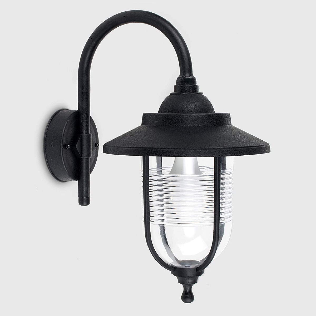 The Evelyn black fisherman hooked outdoor wall lantern light is constructed of a black weatherproof metal and features an attractive design inspired by traditional lighting styles. This lantern wall light is a great choice for illuminating doorways, porches wall or patios, creating a warm and inviting look and a safe environment. With an IP44 safety rating, the Evelyn wall light is suitable for mounting on outdoor walls. 