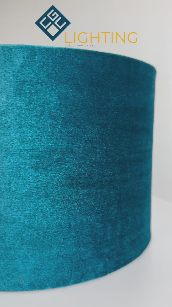 Load video: CGC NILA Luxury Teal Velvet &amp; Silver Round Pendant Drum Lamp Shade