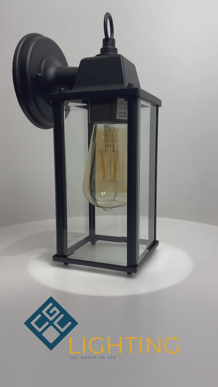 Load video: CGC FREYA Black Coach Lantern Wall Light with Bevelled Glass