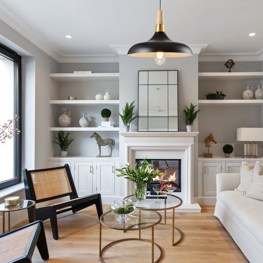 The Esther Pendant is a stylish modern metal ceiling light finished in matt black with a white inner.  Complete with a gold and wooden cap detail attached to a black adjustable cable and matching matt black ceiling rose.