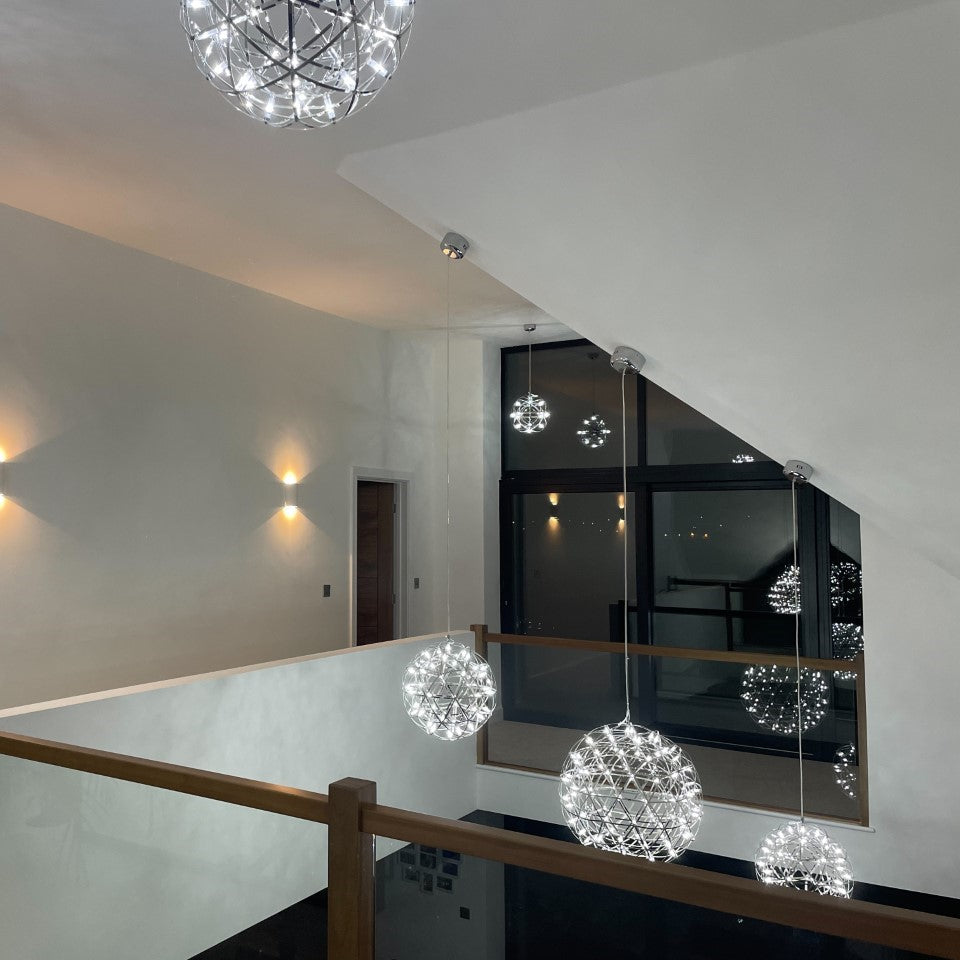 Our striking silver starburst light is inspired by elements of the night sky, comprising of delicately crafted steel and covered in LED lights  The light will create a talking point in any space and can be placed together with the other size starburst lights to create something truly spectacular 